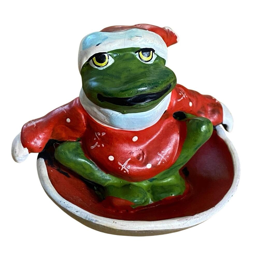 Vintage 1977 Enesco Annette Little 3" Tall Santa Frog on Snow Tube E-9260